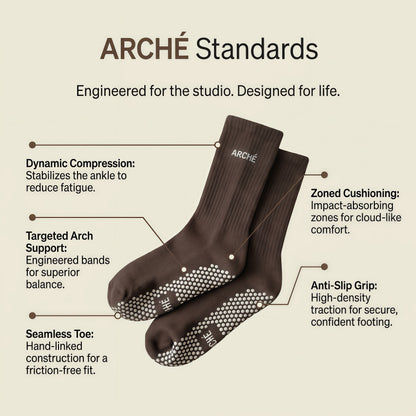 ARCHÉ brown Pilates grip socks with arch support, cushioning, compression and anti-slip grips for yoga, barre and studio workouts.
