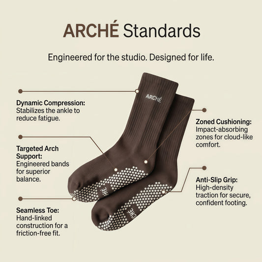 ARCHÉ brown Pilates grip socks with arch support, cushioning, compression and anti-slip grips for yoga, barre and studio workouts.
