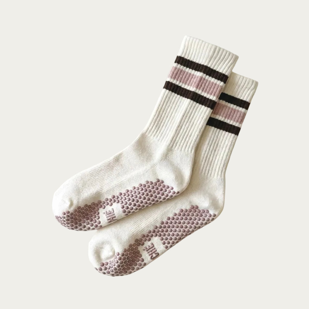 Ivory ARCHÉ striped crew Pilates grip socks with non-slip soles for yoga, barre and studio workouts.