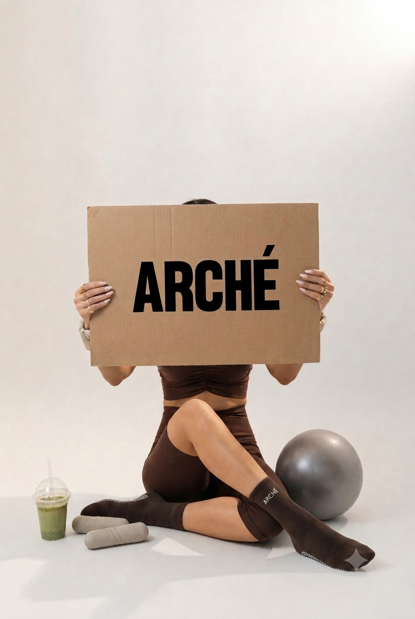 Woman wearing ARCHÉ brown non-slip Pilates grip socks for yoga, barre and studio workouts.